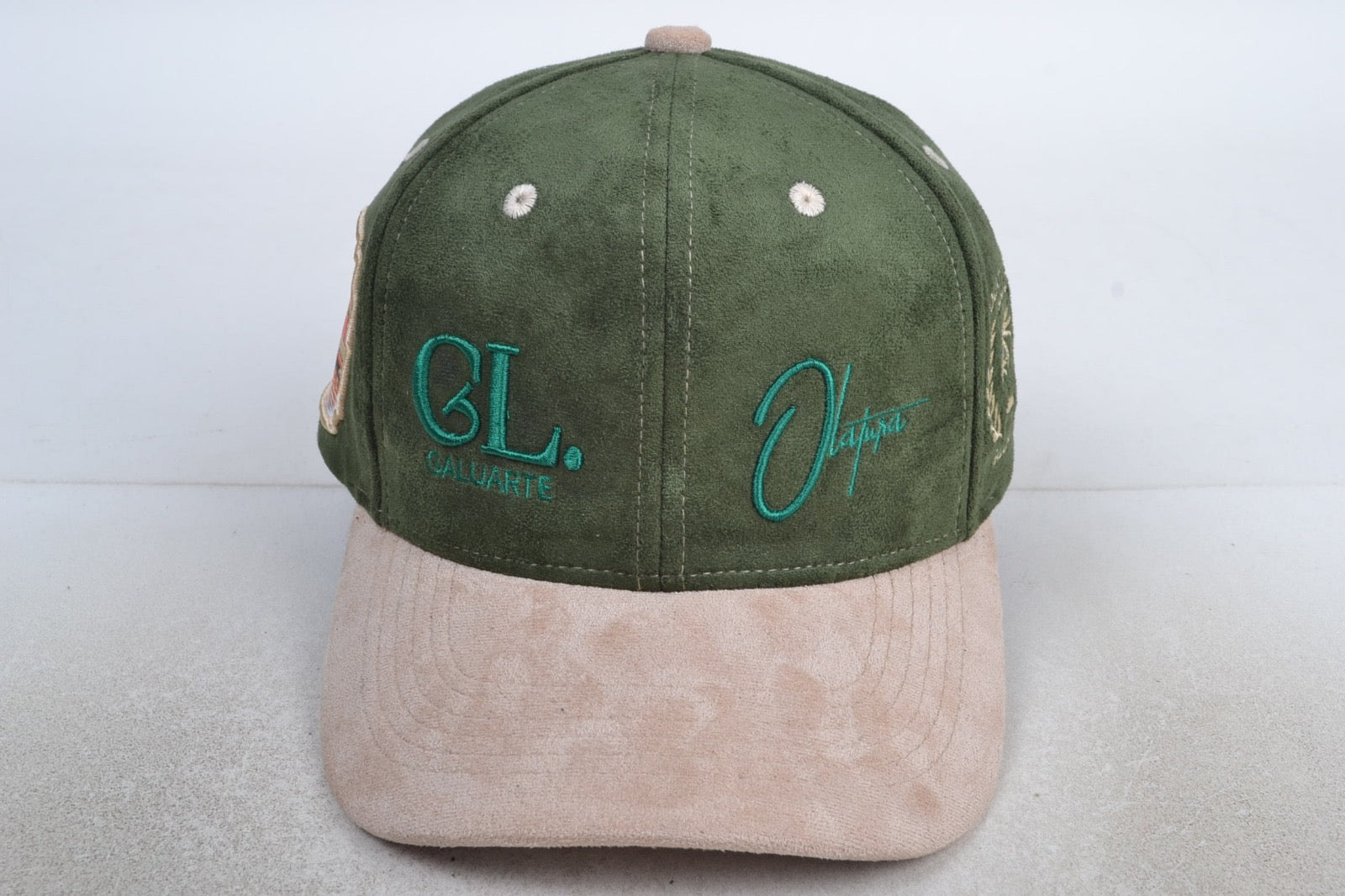 Boquerón Bay Green Palm/Sand Beige Suede Trucker Cap — Galuarte Puerto Rico streetwear